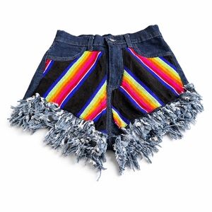 GJG Denim Rainbow Patchwork Fringe Shorts Size M Boho Festival High Rise